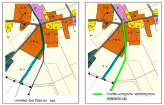 De ecologische verbindingszone dient over de Hultensche Leij te liggen.